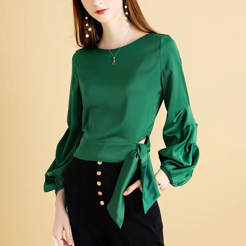 Camisa verde de manga farol para mujer, jersey de manga larga con cuello redondo, diseño de sensación de pliegues pequeños, con cordón, a la moda,