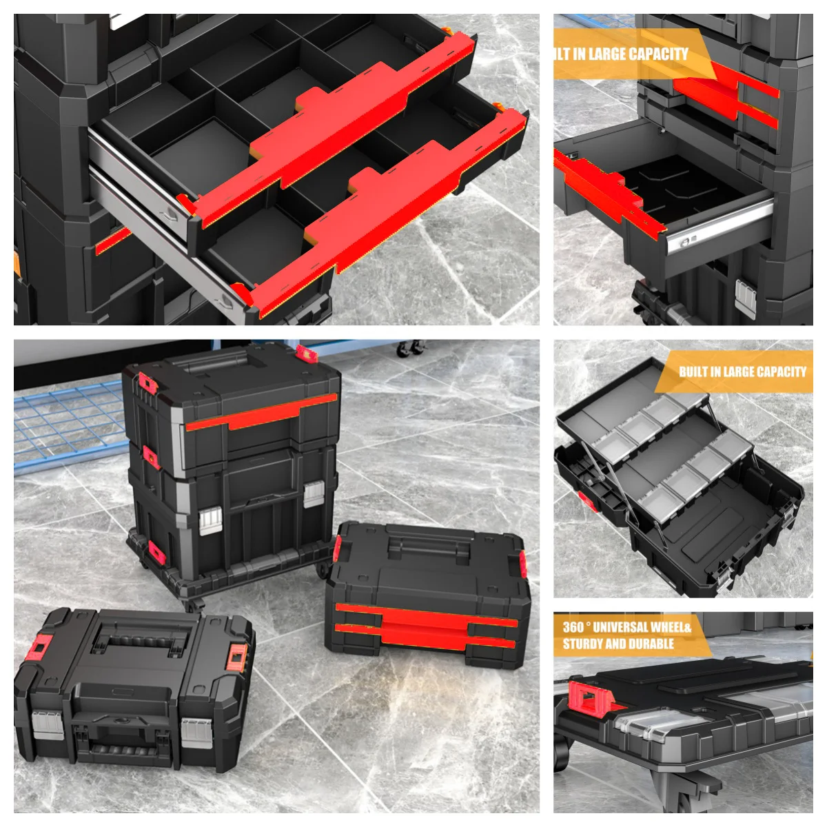 DELIXI ELECTRIC 5-Tier Stackable Rolling Tool Box with Wheels Modular Tool Organizer Box Storage Portable Tool Box with Drawers