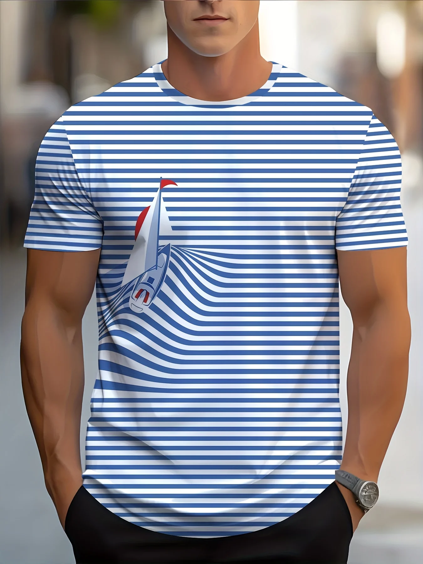 ثلاثية الأبعاد مطبوعة الإبداعية قارب شريط تي شيرت رجالي موضة تصميم بسيط قصيرة الأكمام تيز في الهواء الطلق الشارع ملابس غير رسمية التجفيف السريع