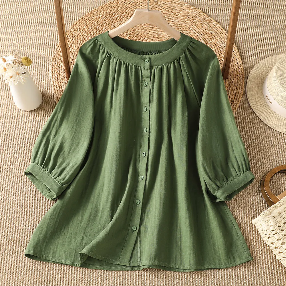 Harajuku Olive Green Linen Blend Gathered Blouse Round Neck 3/4 Puff Sleeve Button Front Loose Flowy Women Summer Casual Shirts