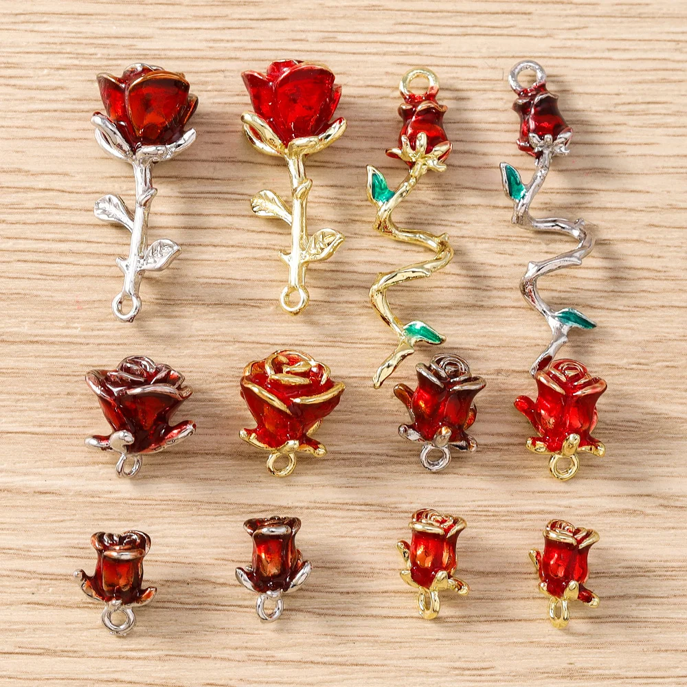 Tusember 5 Stück vergoldete Rosenblüten-Anhänger, niedliche Blumen-Charm-Perlen, passend für Original-Armbänder und Ohrringe aus 925er Sterlingsilber, Bastelbedarf – Detail 4