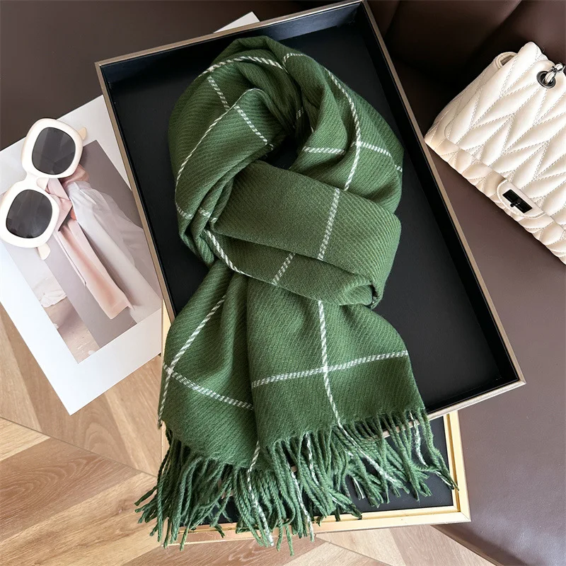 Unisex Korean Style Plaid Tassel Scarf Imitation Cashmere Warm Shawl Versatile Neck Wrap For Autumn Winter