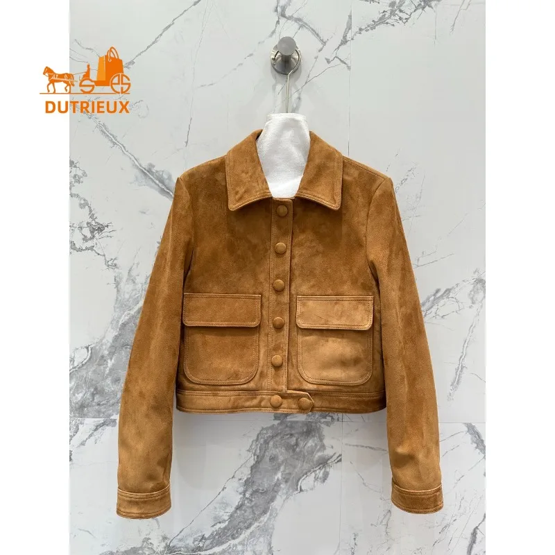 Winter Leather Jacket Lapel Double Pockets Waist Cuffs with Buttons, 100% Genuine Sheepskin Fashion Versatile Women's Coat