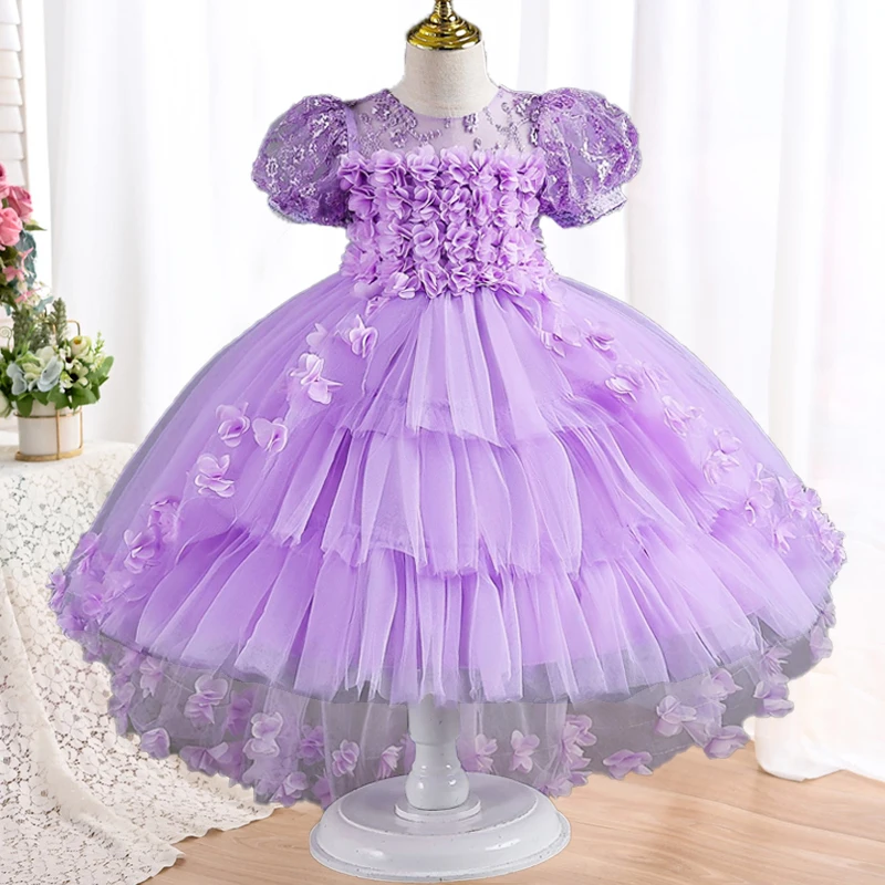 New Birthday Party Ball Girl Princess Dress Lace Petals Wedding Dress Princess Dress Girl Tail Children\'s Elegant Evening Dress