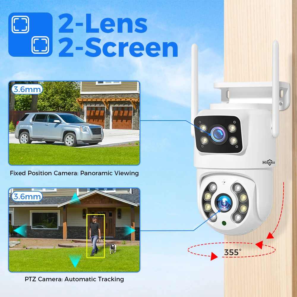 Hiseeu 4K 8MP Wifi Surveillance Camera Dual Lens 4X Digital Zoom Automatic Tracking Wireless Outdoor Security PTZ IP Camer