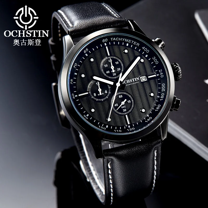 

OCHSTIN мужские часы лучший бренд черные Лидер продаж спортивные часы роскошные мужские кварцевые наручные часы кожаные часы с хронографом