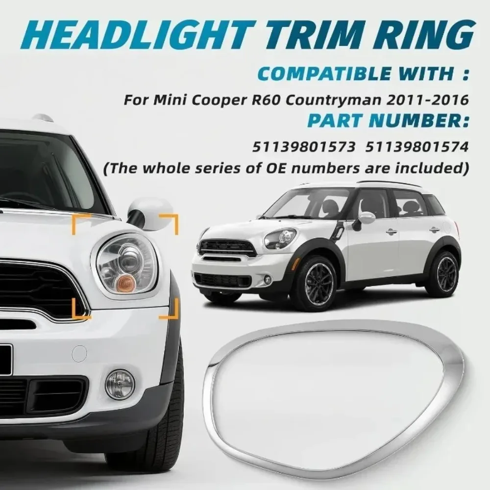 Headlight Light L/R Decoration Sticker For BMW MINI R61 R60  2011-2016 Headlight  Chrome Trim Ring Bezel 51139801573 51139801574