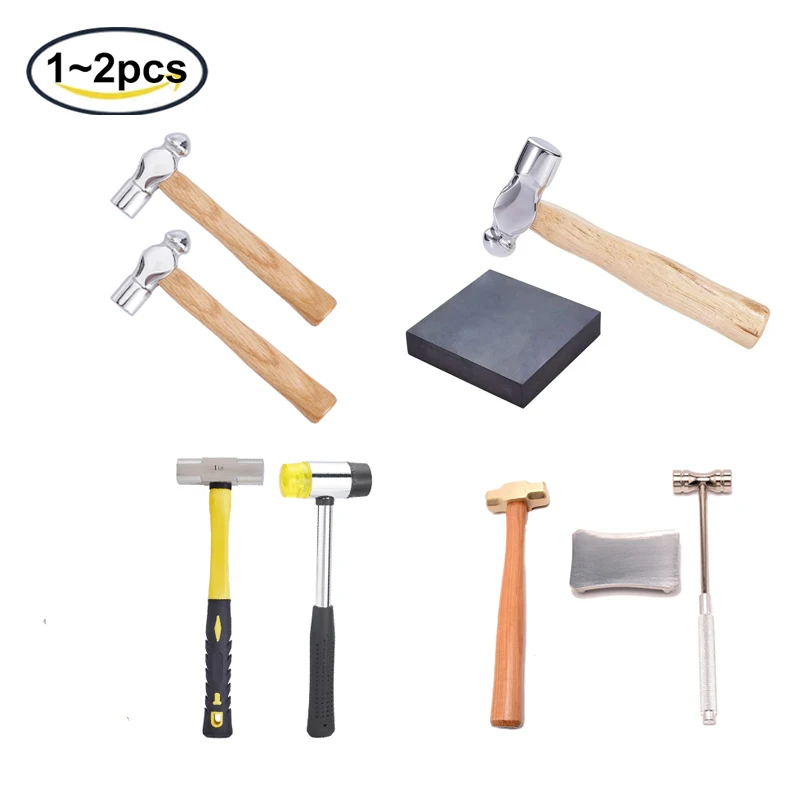 1Set Iron Jewelry Making Hammer with Wood Handle and Black Rubber Bench Block for Jewelry Making