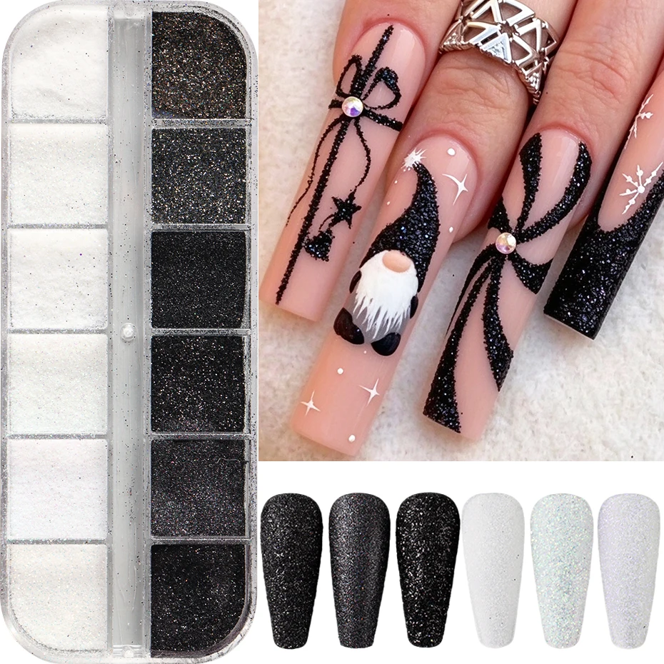 12 Grids Sparkling White Black Sugar Effect Glitter Nail Powder White Fine Iridescent Glitter Fluffy Powder Pigment Dust  Decor