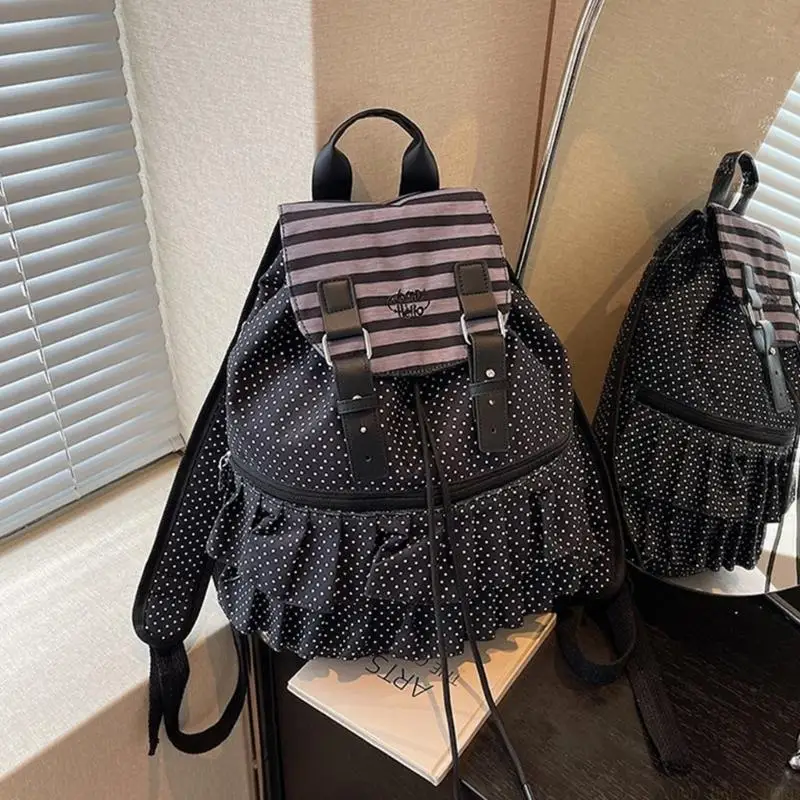 x90d-fashionable-book-bag-retro-dot-lace-detailed-drawsting-backpack-comfortable-strap-travel-daypack-for-daily-commute