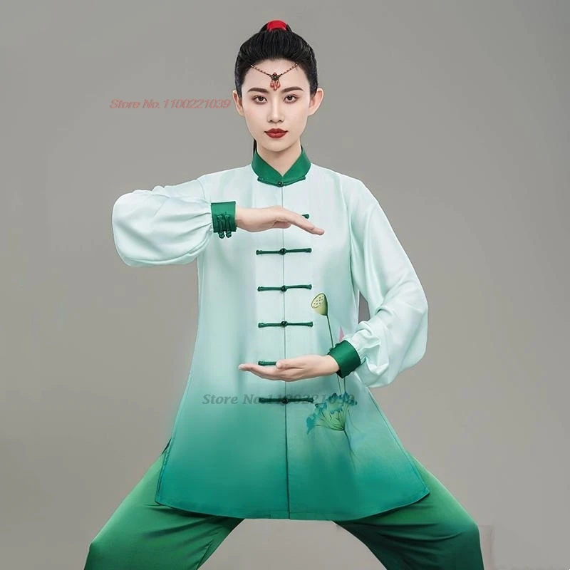 

2025 chinese vintage tai chi wushu performance tops+pants set martial arts tai chi retro flower print training exercise practice