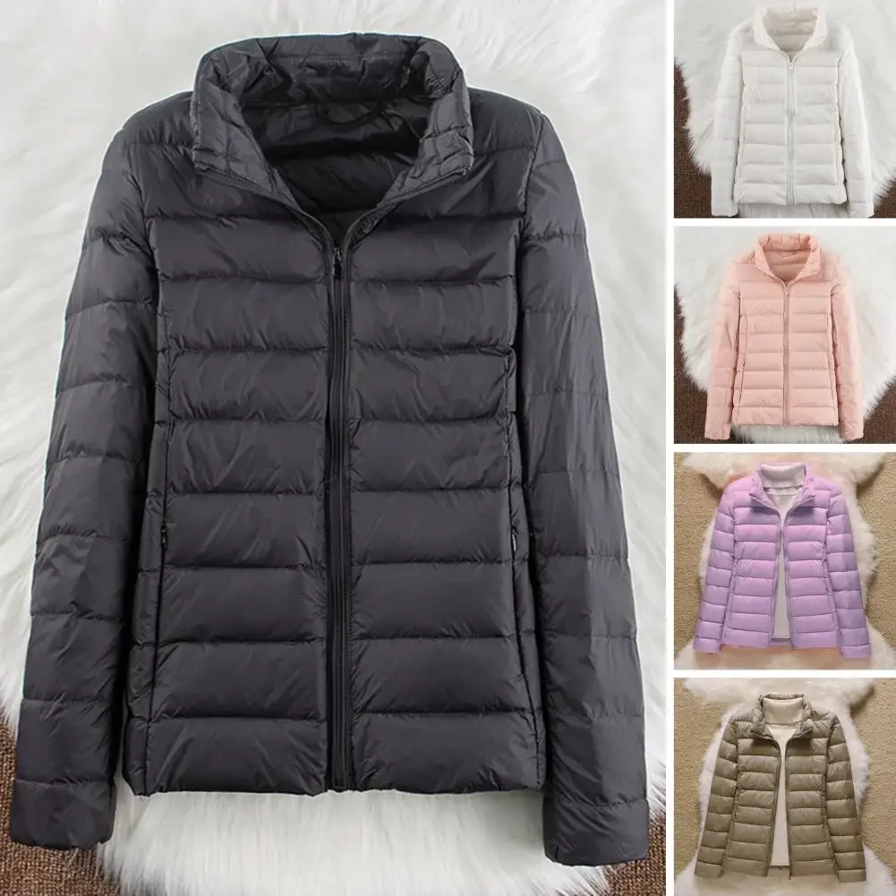 Jaqueta slim fit à prova de vento, casaco de inverno com bolsos de gola para clima, zíper acolchoado reforçado para calor