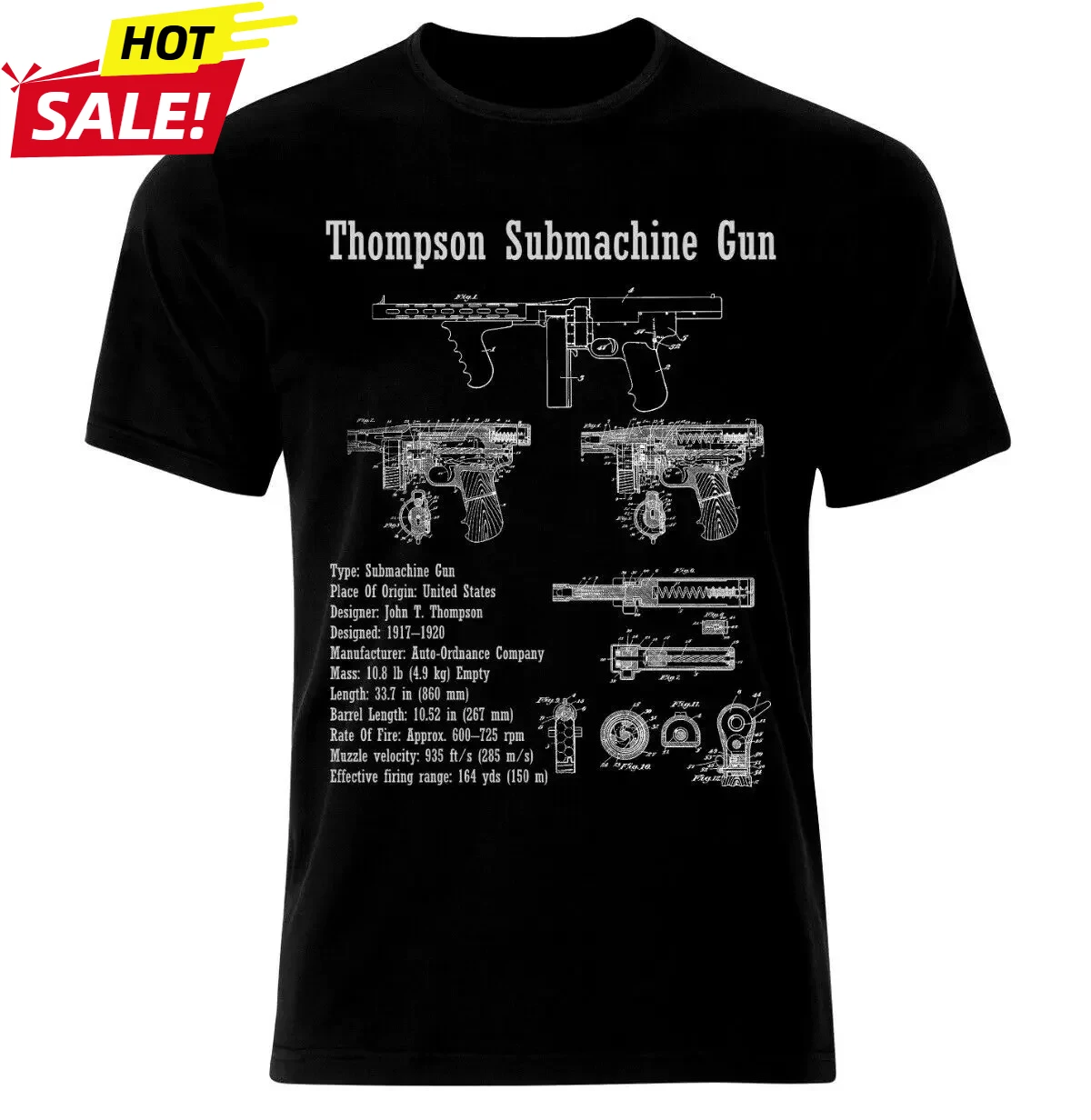 

Thompson Submachine Gun Mafia Blueprint Patent Maschinenpistol T-Shirt Men's 100% Cotton Casual T-shirts Loose Top New