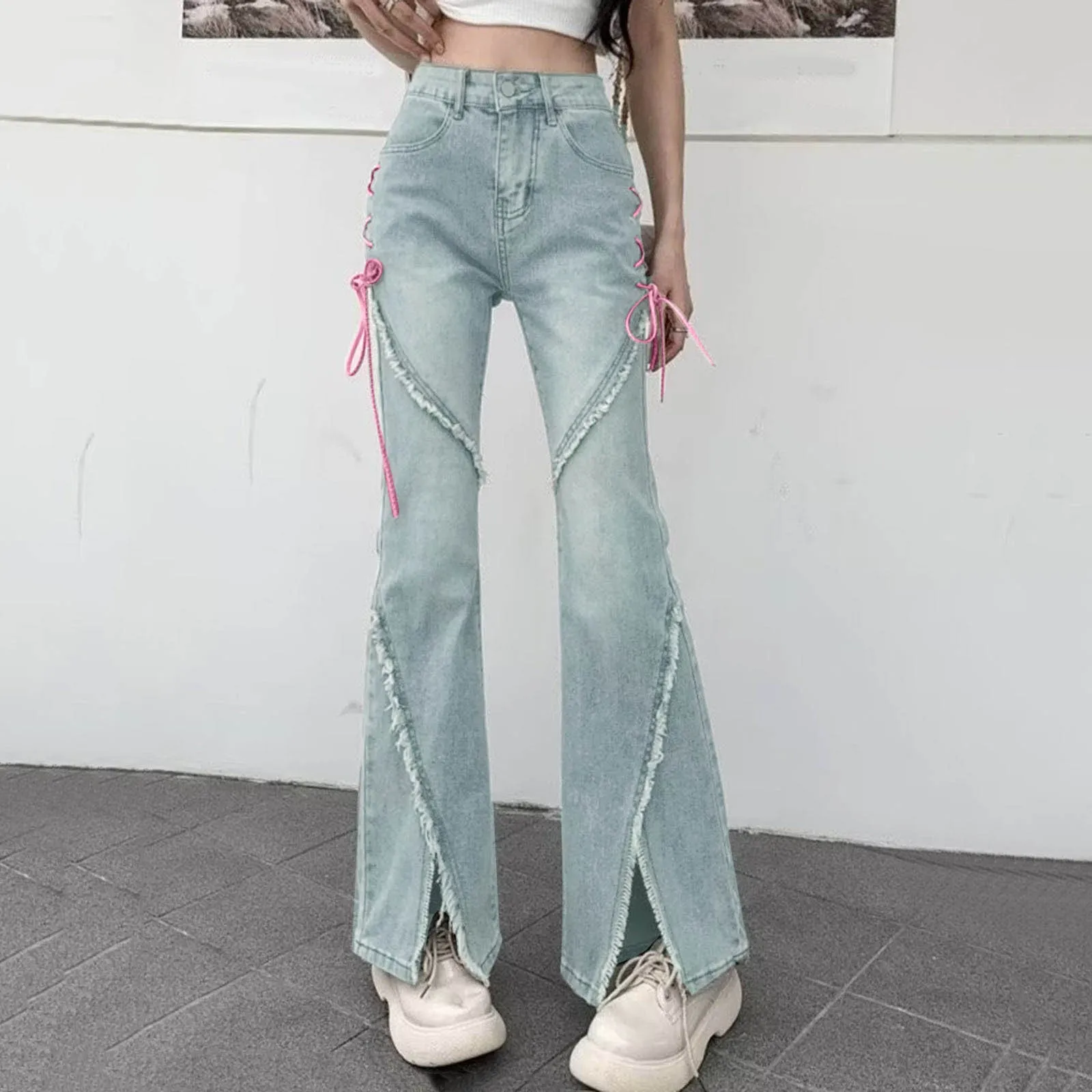 

American Split Jeans Women Pink Bandage High Waist Irregular Spliced Denim Pants Zipper Fly Trousers Y2k Pantalon Femme