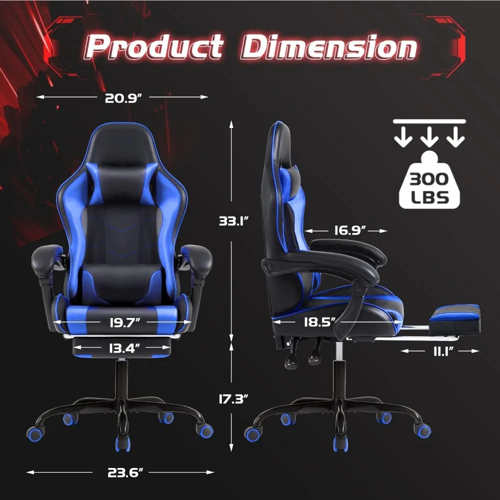 Gaming Chair with Footrest & Massage Lumbar Support, 360°Swivel, Ergonomic Computer Chair with Height Adjustable Seat & Headrest