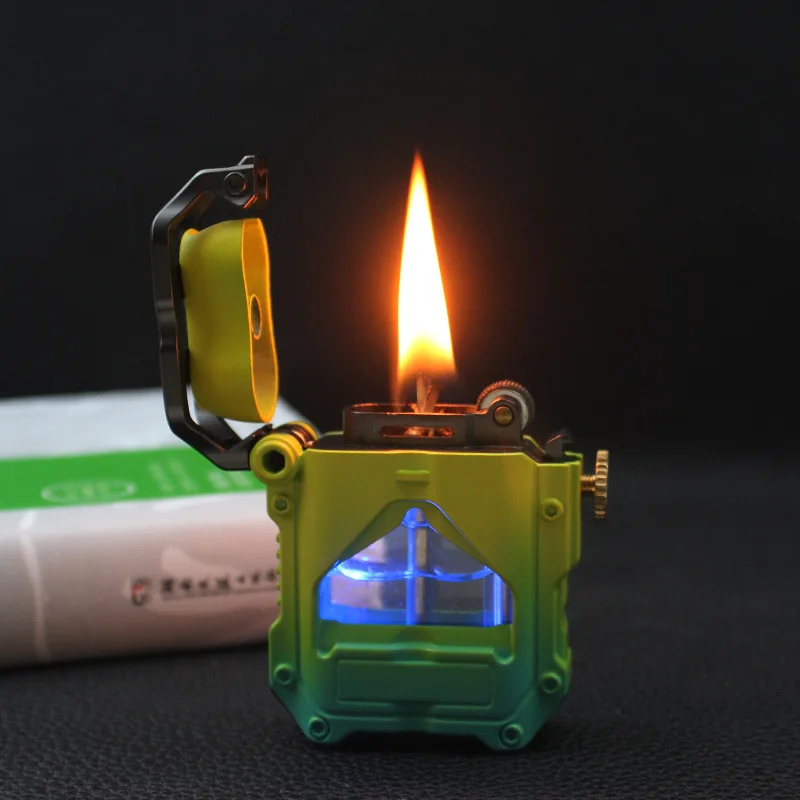 Creative Cool Mecha Kerosene Lighter Transparent Oil Warehouse with Light Metal Internet Celebrity Lighter Wholesale