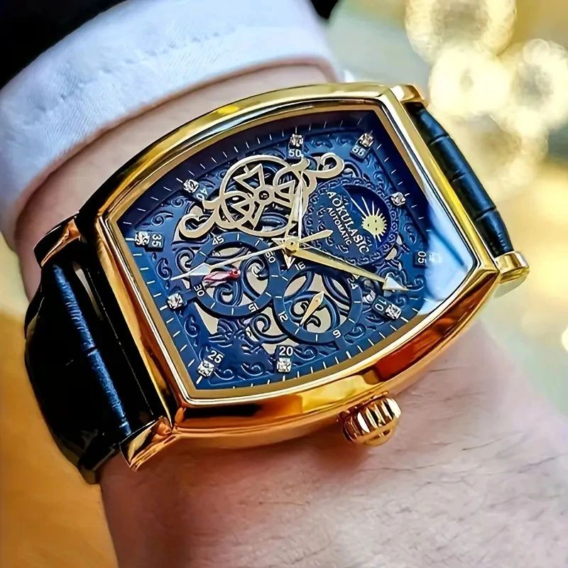 Elegant Men's Tourbillon Automatic Mechanical Watch - Luxurious Men's Watch with Skeleton Design, Faux Leather Strap, Business Casual Style, Barrel-Shaped Dial - the Ideal Gift for Him view 3