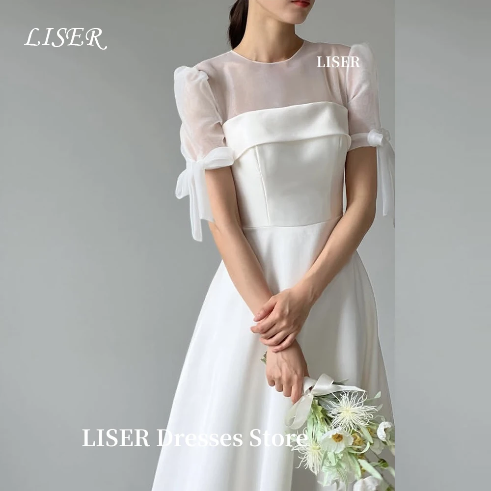 

Корейские свадебные платья с круглым вырезом и бантом, длинные свадебные платья из тюля с короткими рукавами для фотосессии 웨딩드레스 Корсеты на заказ сзади