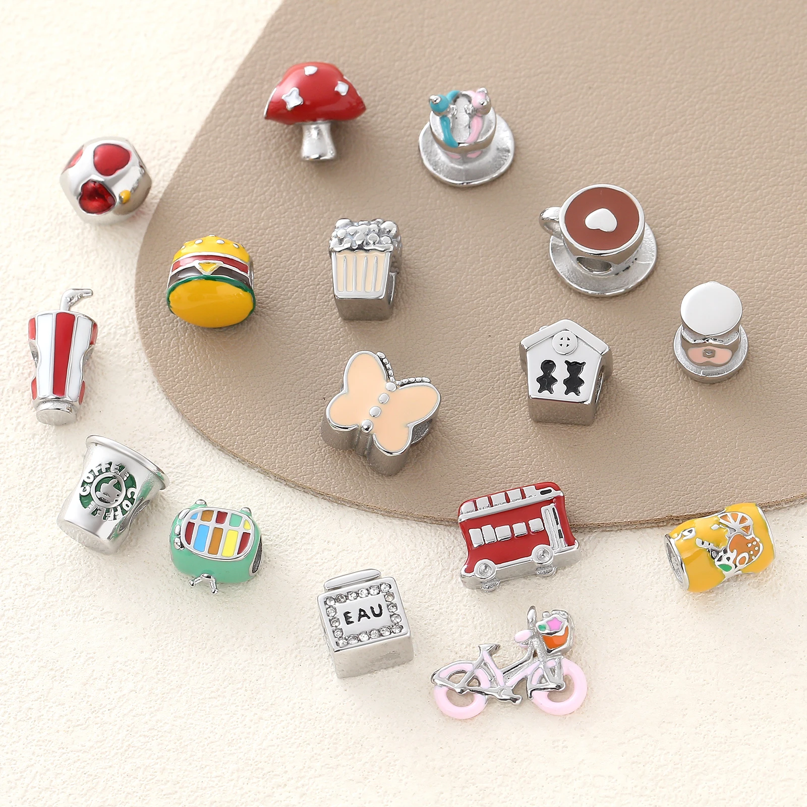 2024 New Silver Color Cute House Mushroom Coffee Bike Drinks Hamburger Beads Fit Original Bracelet Making Fashion DIY Jewelry