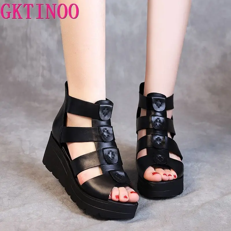 GKTINOO 2024 Summer Genuine Leather Flat Platform Sandals For Women Hollow Out Breathable Peep Toe Ladies Sandals