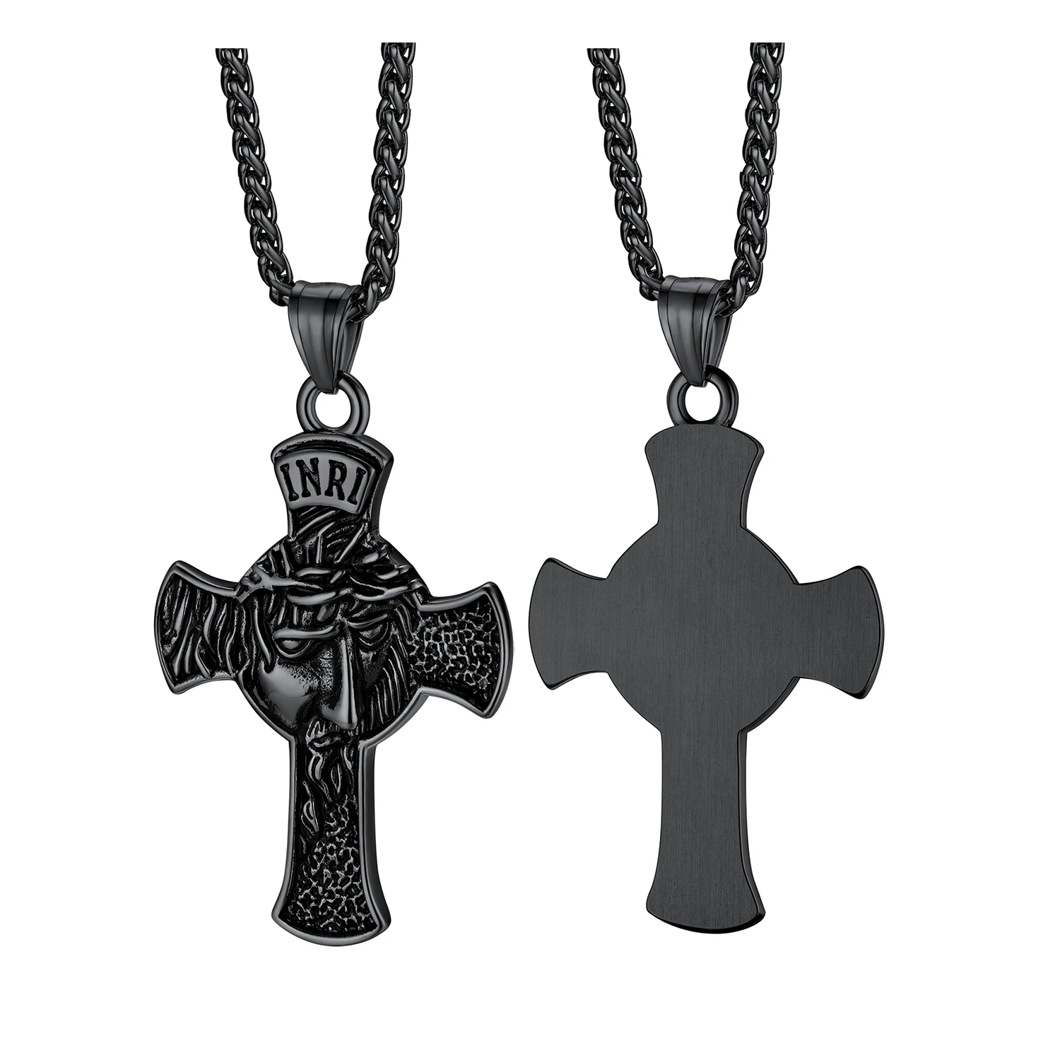 Manmade Vintage Effect 316L Stainless Steel INRI Jesus Cross Pendant Necklace for Men Women 3mm Spiga Wheat Chain Unisex Jewelry