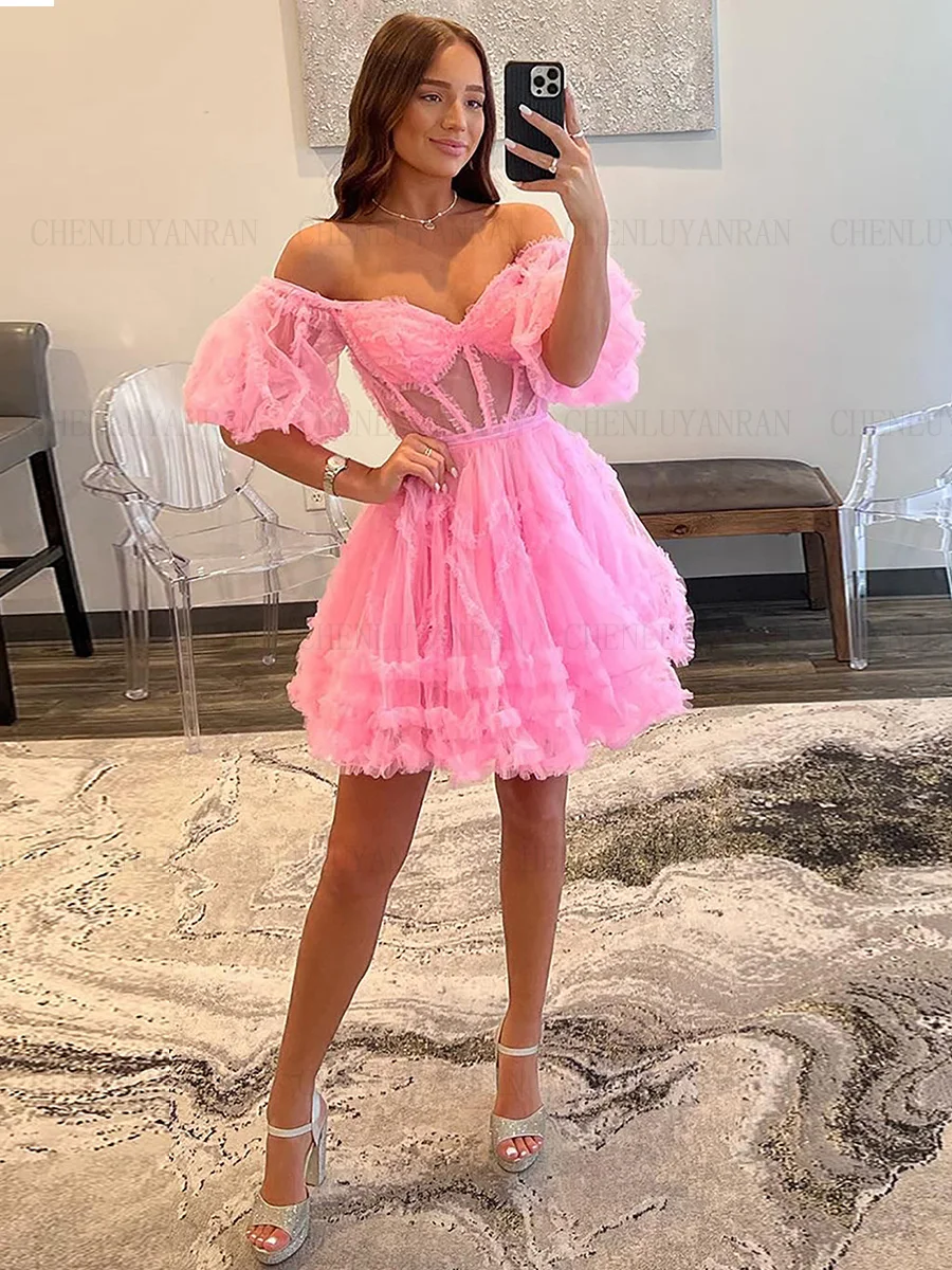 

Pink Tulle Formal Occasion Dresses 2023 Puffy Sleeves Mini Homecoming Dress A-Line Sexy Evening Gowns فساتين مناسبة رسمية