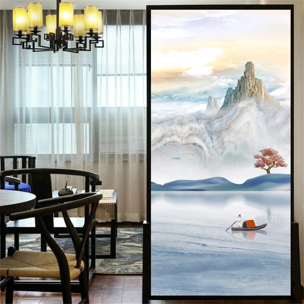 Privacy Windows Film Beautiful Scenery  Stained Glass Window Stickers No Glue Static Cling Decorative Frosted Window Films