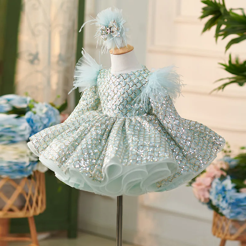 2024 New Children\'s Dress Birthday Party Evening Dress Sequin Long sleeved Elegant Wedding Flower Boy Show Girl Princess Dress