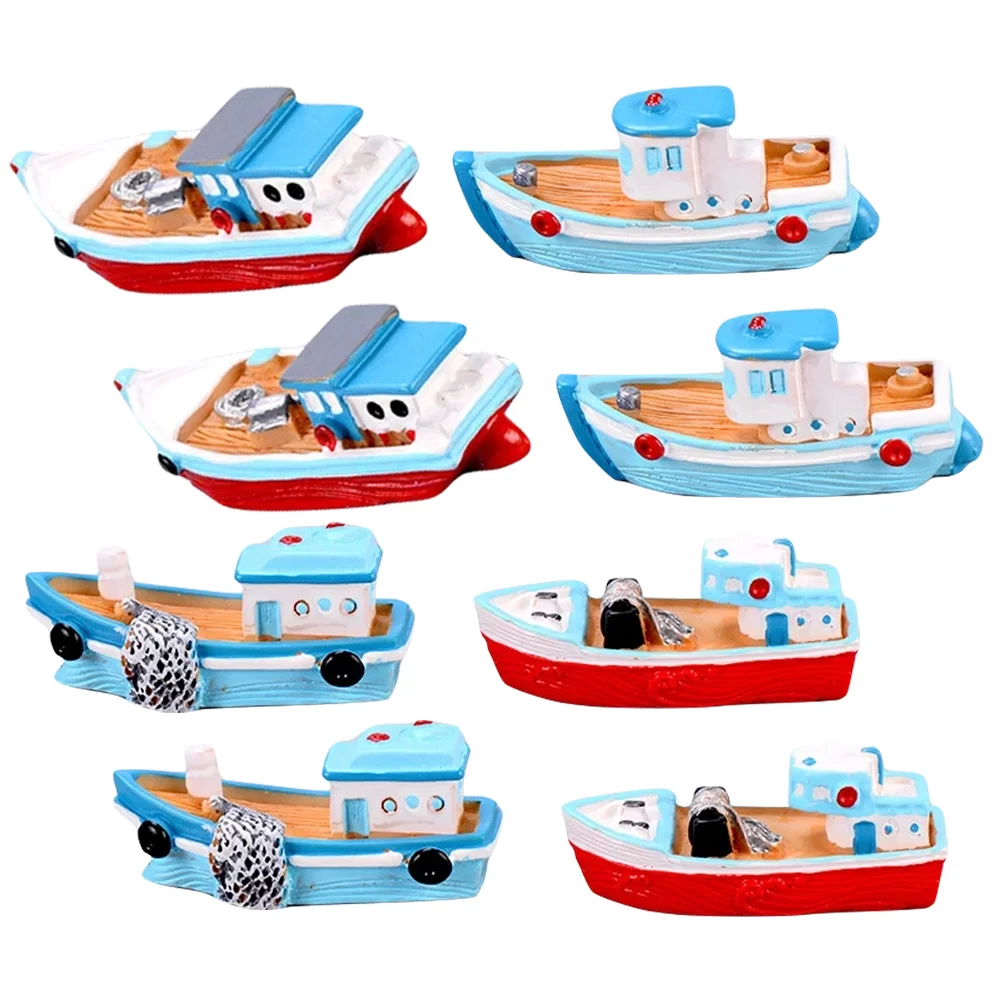 8 Pcs Cruise Ship Mediterranean Fishing Boat Child Toy Kits Resin House Ornament