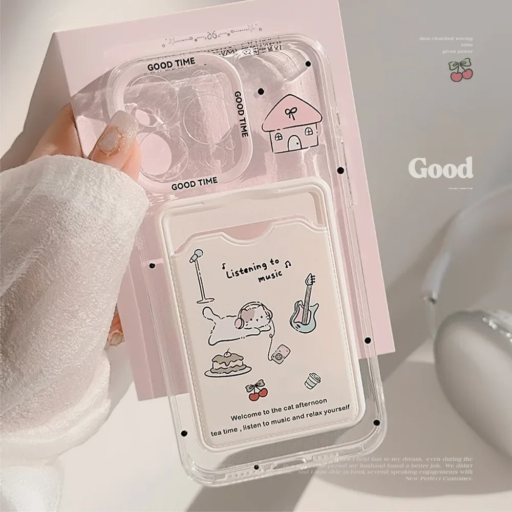 Divertente musica Cherry kitten Photo card holder custodia trasparente per telefono per iPhone 16 15 14 13 12 11 Pro Max Xr 15 14 Plus custodia carina
