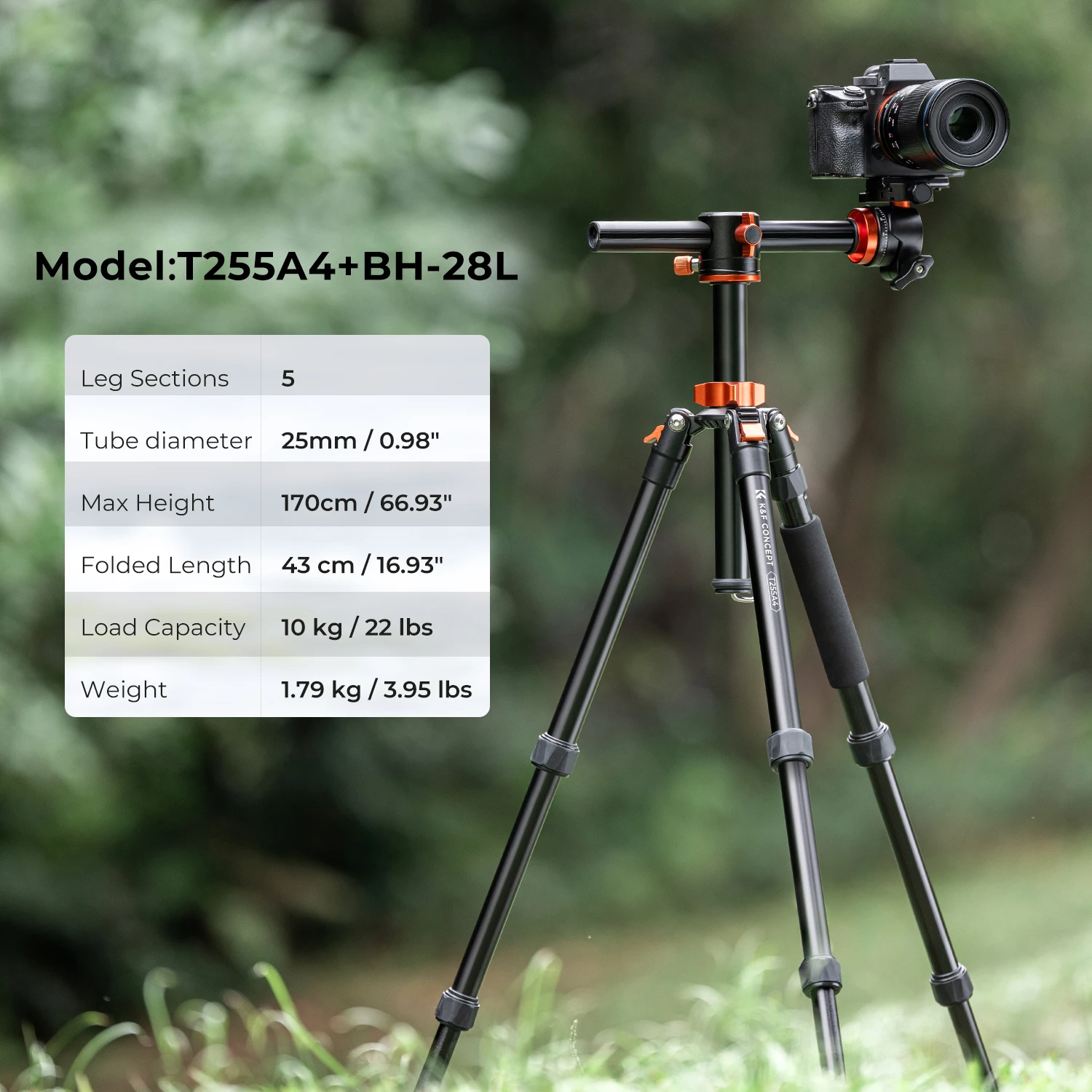 K&F CONCEPT 67インチ/1.7m アルミニウムビデオカメラ三脚 横方向センターコラム 22ポンド/10kg 耐荷重 キヤノン ニコン ソニー DSLR用