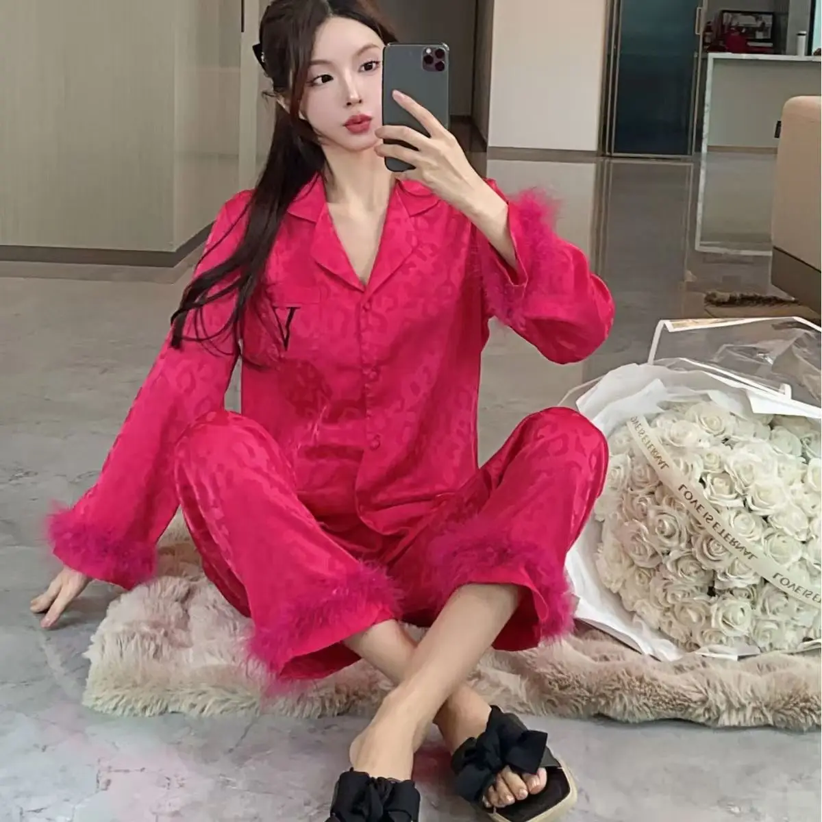 Pijama Mujer Luxury Pajamas for Women Spring and Autumn Ice Silk Long-sleeved Large-size Cardigan Set Loungewear Feather design