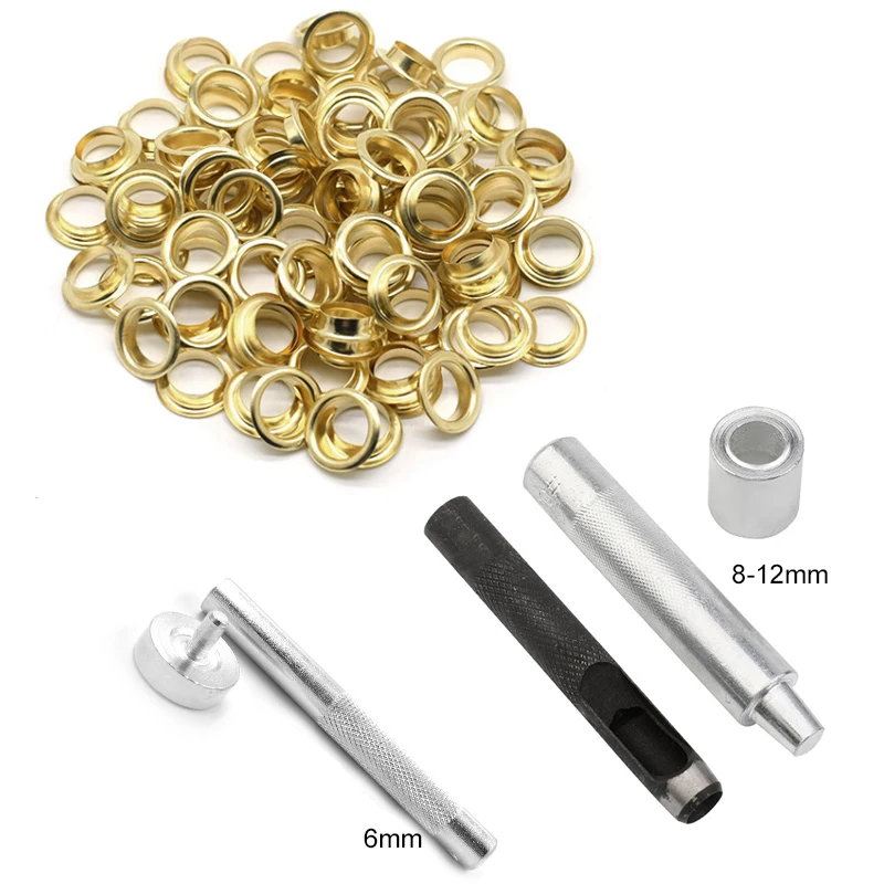 TLKKUE 100Set  Brass Eyelet Kit Scrapbook Grommet Eyelets Hole Metal Button Press Puncher Tool And Leather Punching Working Tool