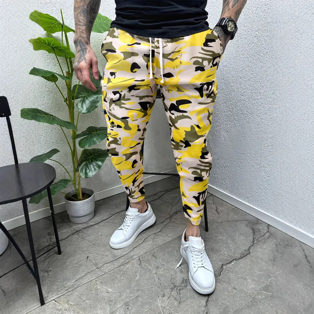 Casual Pants Printing Men Pencil Pants Ankle Length Pant Drawstring Skinny Slim Pockets Spring Casual Sports 2025 Spliced