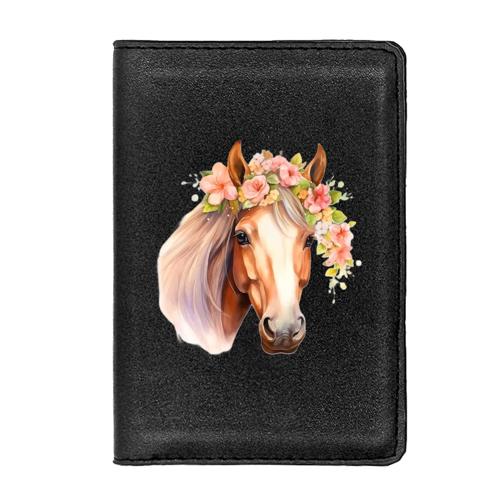 Classic flower horse head design Passport Cover Men Women Leather Slim ID Card Travel Holder Pocket Wallet Purse Money Case