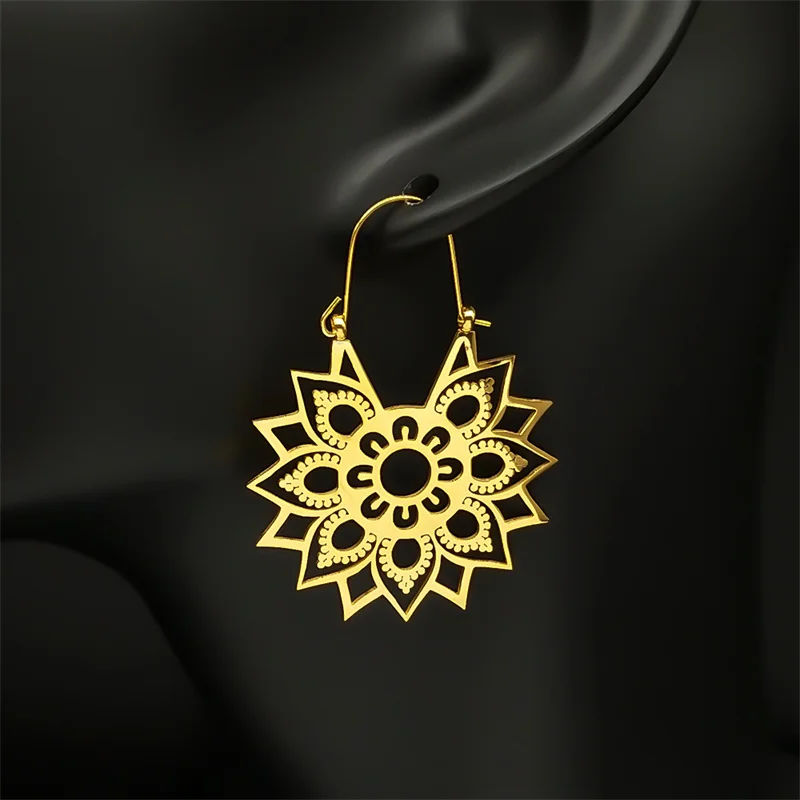 Trendy Yoga Lotus Blume Ohrringe Edelstahl Gold Farbe Hoop Ohrringe für Frauen Schmuck boucles d'oreilles E9360S01