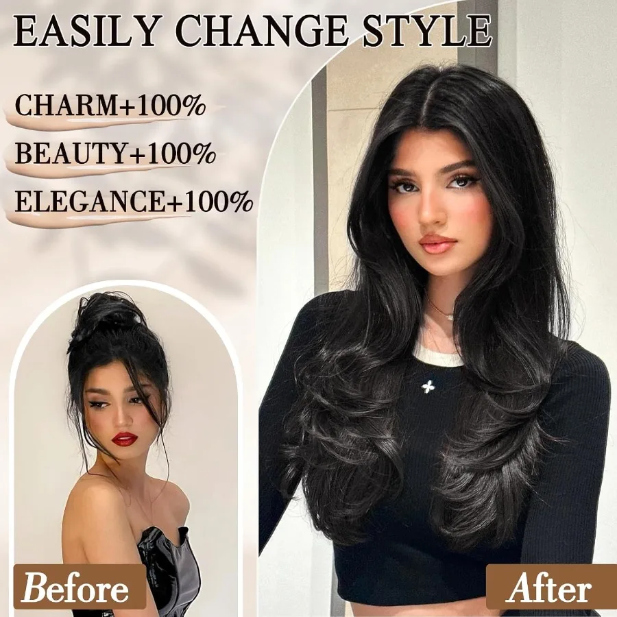 وصلات شعر بمشبك أسود طويل الطبقات بطول 20 بوصة للنساء وصلات شعر صناعية مقاومة للحرارة مثالية للاستخدام اليومي في حواء الطلق