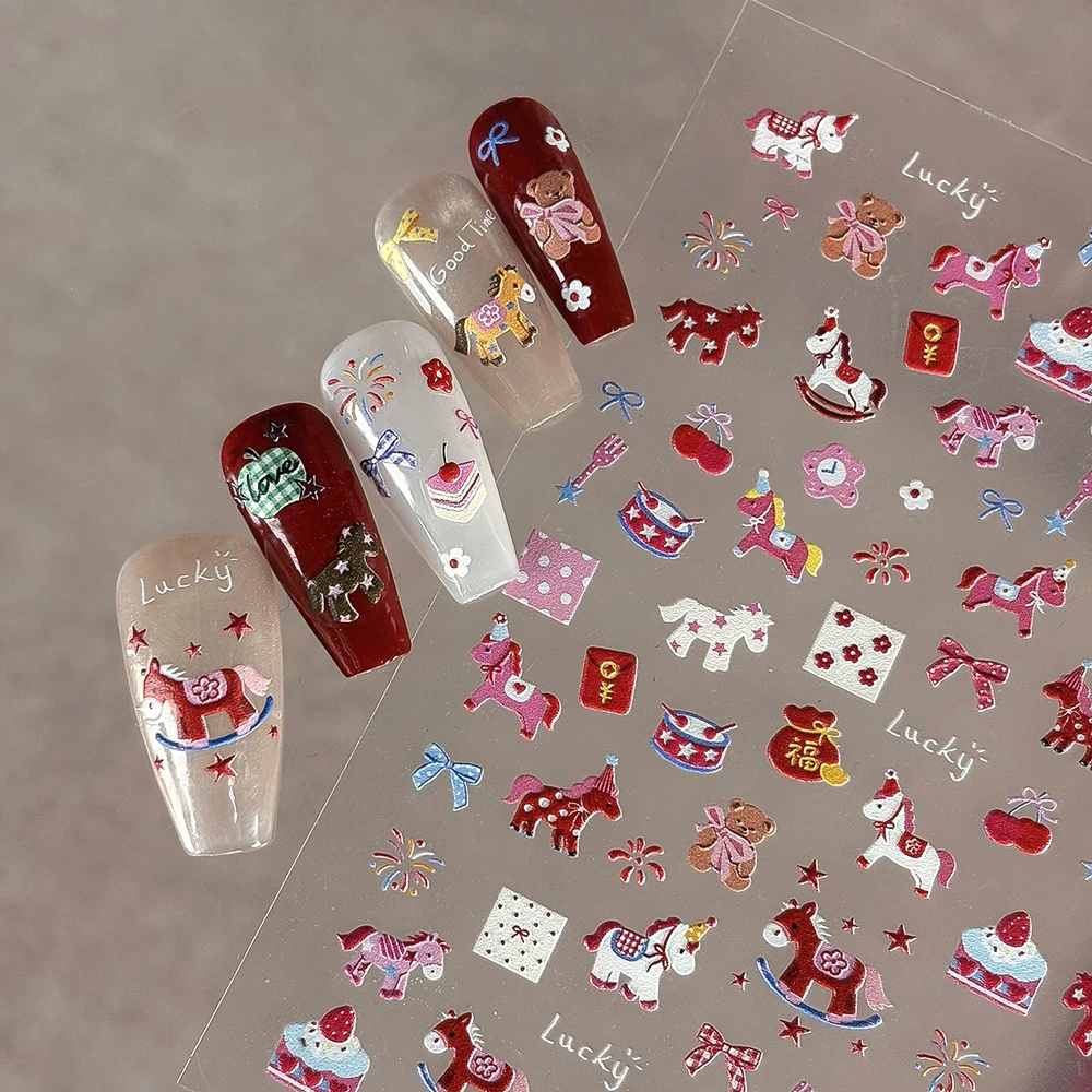 5D Embossed Cute Little Horse Nail Art Sticker Cartoon Bow Firework Star Cherry Nails Decals Kawaii Korean Manicure Accessories