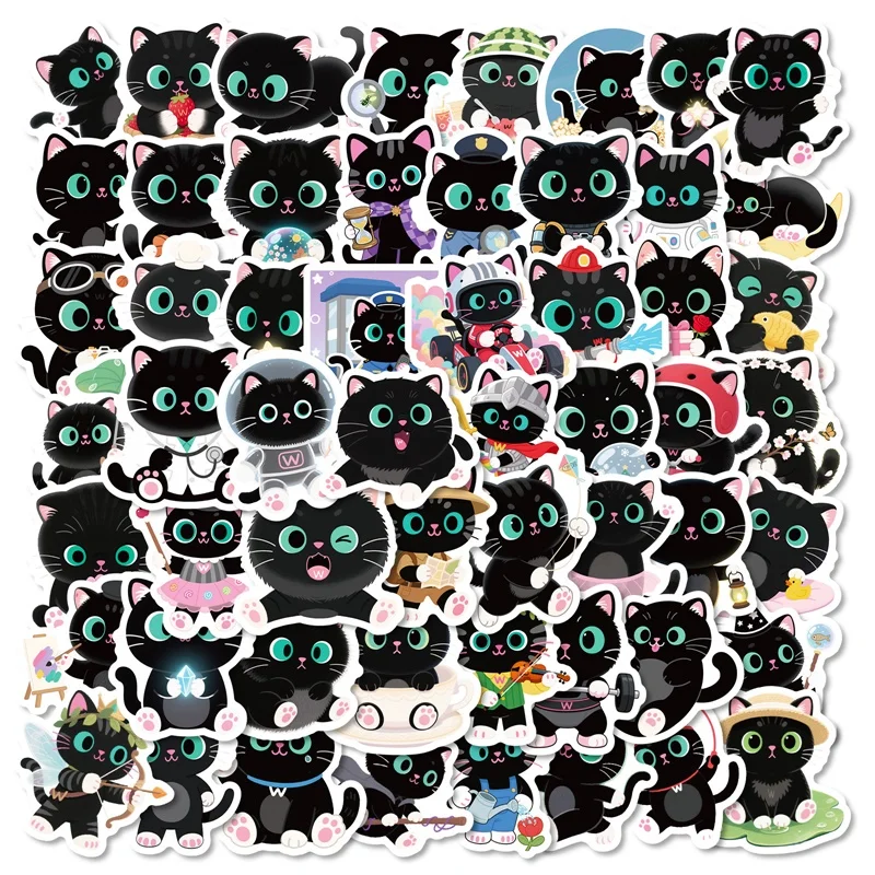 10/30/56PCS Kawaii Big Eye Black Cat PVC Sticky Sticker Aesthetic DIY Decoration Scrapbooking Hand Accounting Supplies for Kids