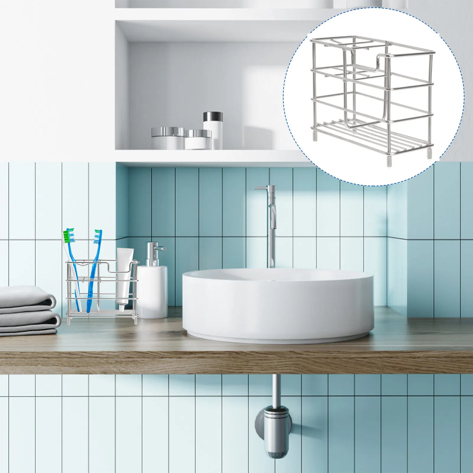 Stainless Steel Toothbrush Holder with Toothpaste Stand, Anti-Slip Waterproof Bathroom Shelf, Rust-Resistant