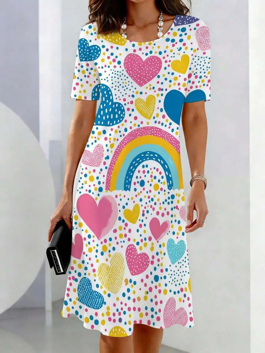 

Womens Casual Hearts And Rainbow Print Short Sleeve Crew Neck Dress For Leisure
