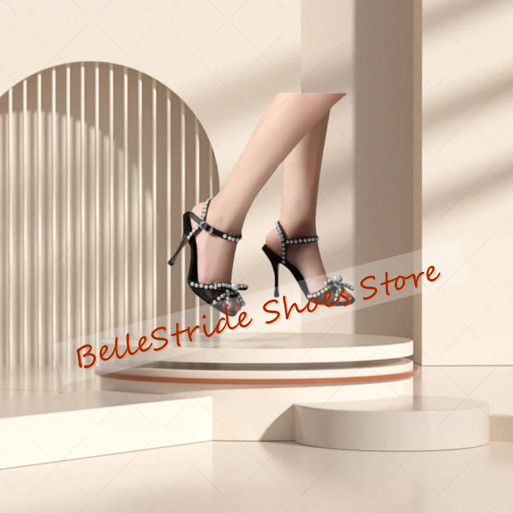 الوردي اللؤلؤ القوس عقدة ديكور الصنادل مشبك حزام أحذية النساء الخناجر عالية الكعب مأدبة الحفلات يؤرخ 2025 Zapatos Para Mujere