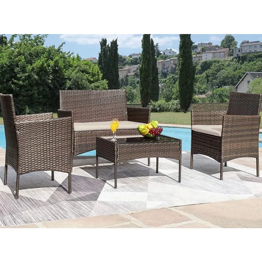 Garden Sofas, Outdoor Wicker Rattan Chairs Garden Poolside Loveseat with Soft Cushion, Brown and Beige Garden Sofas