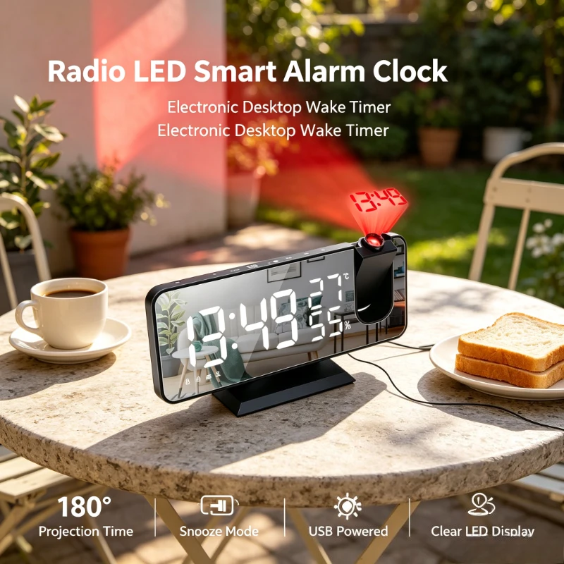 Radio Projection Alarm Clock 180째 LED Display USB Desktop Electronic Clock with Snooze Mode