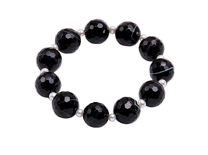 Terisa Pearl Jewelry 14mm Black Round Faceted Agate Bracelet Genuine Freshwater Pearl Bracelet for Women T-AGB032