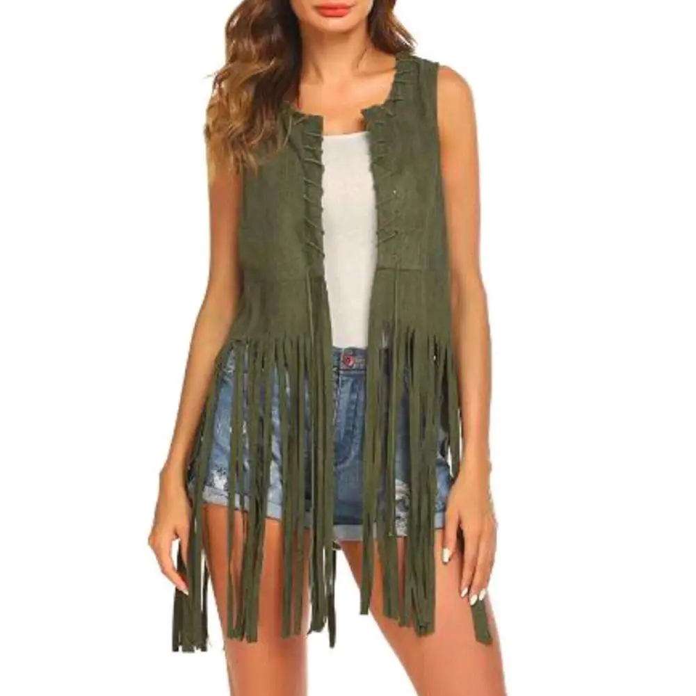 Women Mid Long Vest Vintage Fringed Suede Vest Women\'s Open Front Hollow Hole Waistcoat Chic Streetwear with Long Tassels Solid