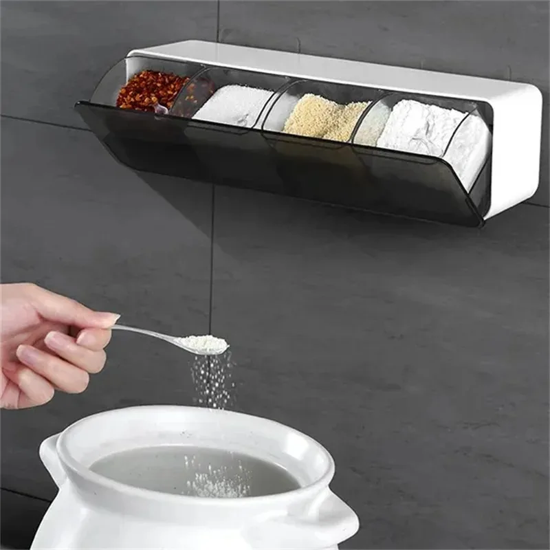 

4 In 1 Seasoning Box Combination Set Wall-mounted Seasoning Storage Box Sugar Salt Spices Container Organizer Kitchen Supplies