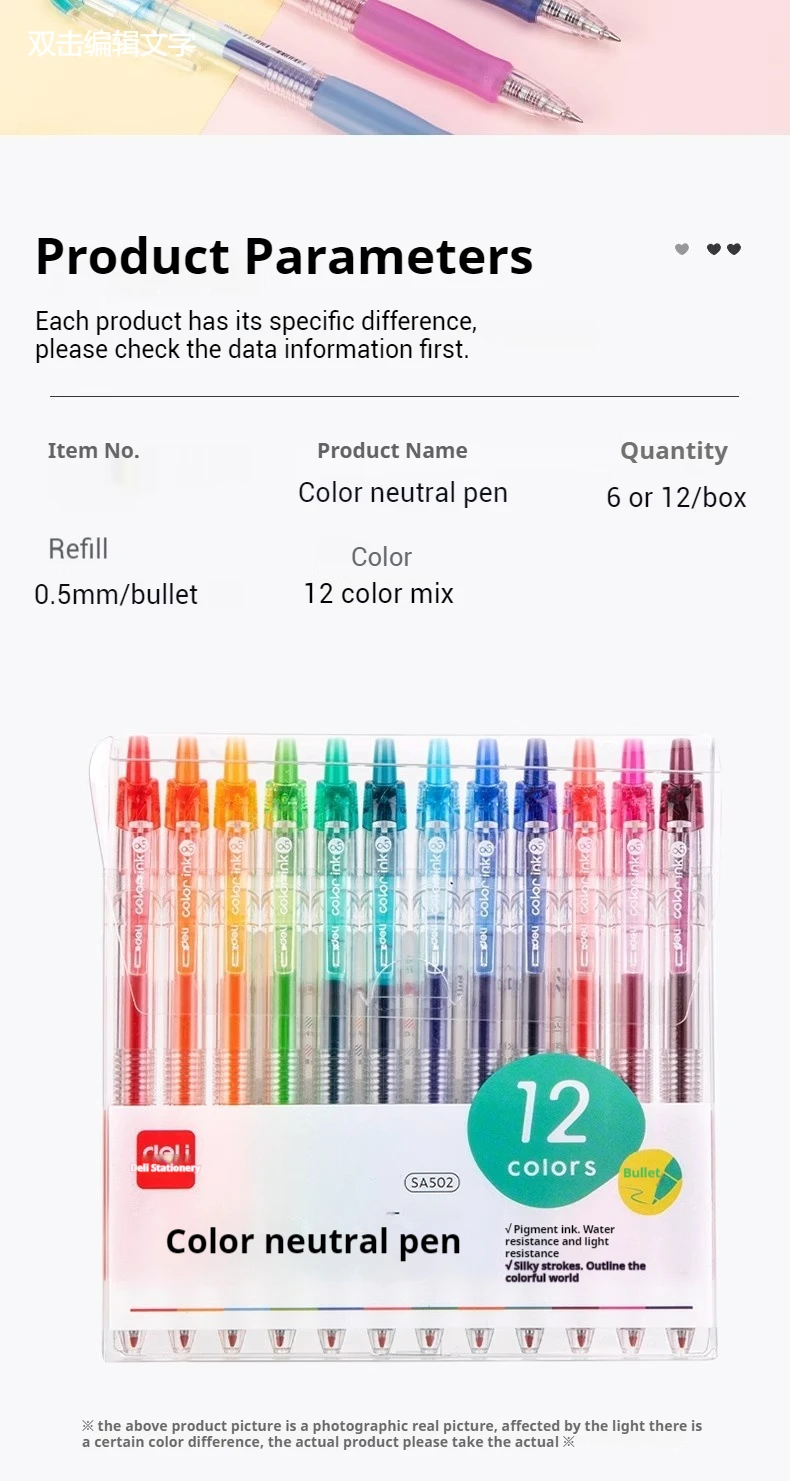 6/12 Stück Deli 0,5-mm-Farbstift, Stift für Notizen, Stift für wichtige Aufzeichnungen, Schulbedarf, Büromaterial. – Detail 9