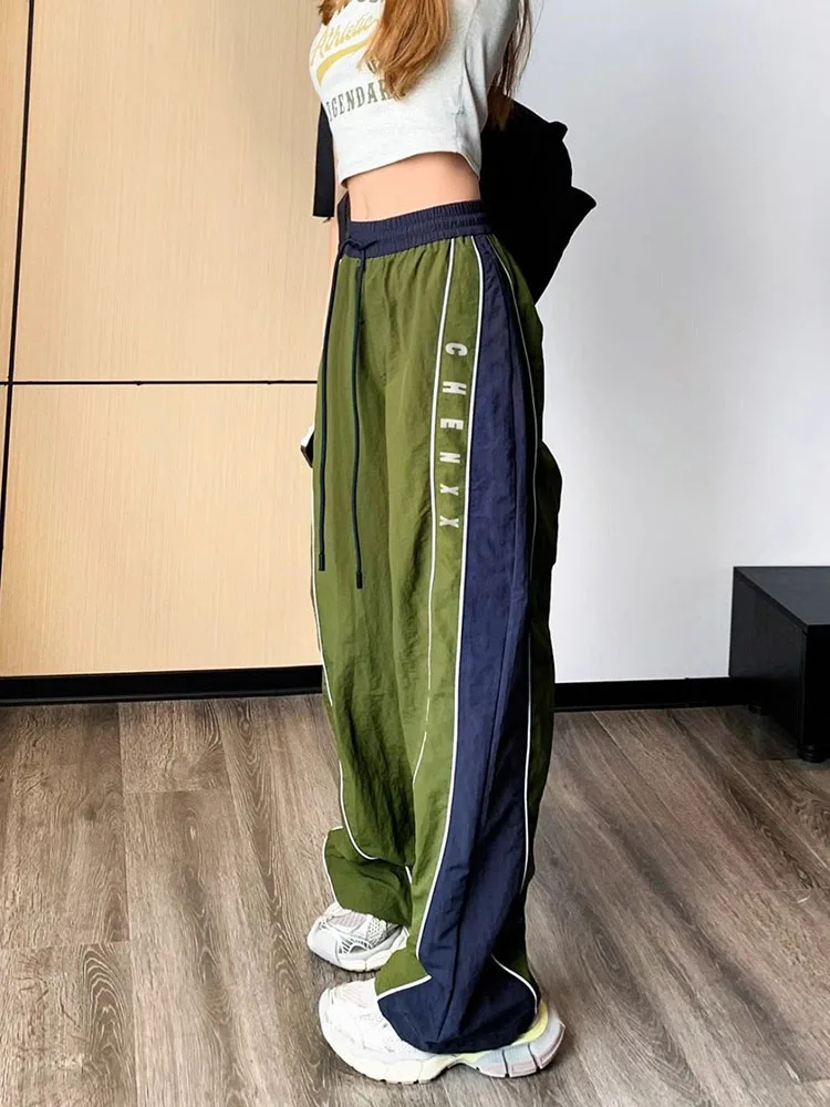 Casual Loose Patchwork Pants Retro Cargo Women's Casual Contrasting Pantalones Straight Wide Lace Up Streetwear Trousers