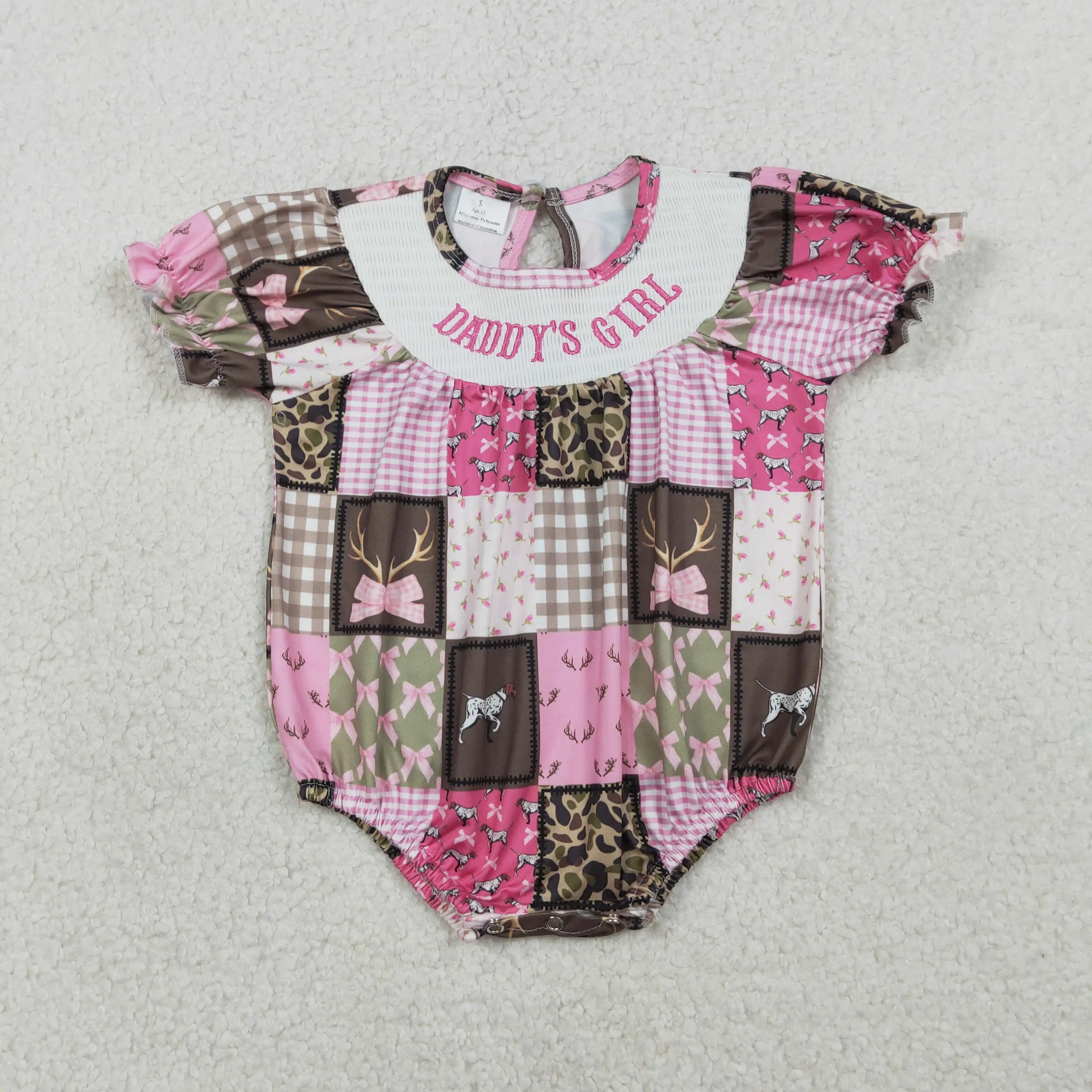 

SR3778 Summer Baby Girl Embroidered Daddy's Girl Camo Patchwork Plaid Pink Short-Sleeved Rompers